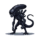 A menacing Xenomorph in a low, predatory crouch, its elongated skull casting a dark shadow. Its skeletal frame is deep blue and black, with a coiled tail and splayed claws.