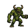 A hulking green monster with sharp horns, glowing red eyes, and a gaping maw filled with sharp teeth, standing in a combat stance.