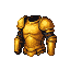 A full suit of polished golden plate armor, detailed with segmented pauldrons and a breastplate, stands against a black background.