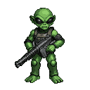 A green alien with large dark eyes and pointed ears, wearing tactical gear and holding a rifle, stands in a combat-ready stance.