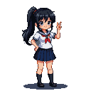 Anime schoolgirl with black ponytail, wearing a white sailor uniform and blue pleated skirt, making a peace sign with a smile.