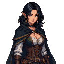 Half-demon woman in a dark hooded cloak, white blouse, and brown leather corset, with short black hair, piercing eyes, and golden earrings.