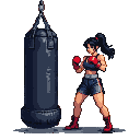 Determined boxer in red gloves and boots, with fists raised, stands ready before a dark punching bag.