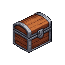 A closed, weathered wooden treasure chest with metallic banding and a prominent latch.