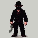 Menacing masked figure in dark clothing, holding a glinting knife, with only piercing white eyes visible.