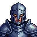 Stoic knight in detailed pixelated armor, wearing a great helm with glowing orange eyes, stares forward with a stern, resolute expression.