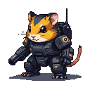 A hamster in a black and gold military mech suit with glowing yellow accents and a backpack.