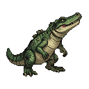A green and brown alligator stands on its hind legs, head tilted up, mouth open with a pink tongue visible.