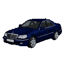 A dark blue Mercedes S63 coupe with silver accents, shown from a three-quarter front view against a black background.