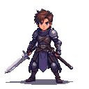 Young man, Nox Von Reinhafer, in dark layered armor and blue tunic, holding a glinting sword, with a second sword sheathed at his hip.