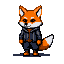 A mischievous fox wearing a dark hooded jacket and pants, with bright orange fur and a sly expression.