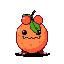 A round, orange creature with textured skin, red berry-like horns, green leaves, large black eyes, and a sharp-toothed grin.