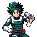 Izuku Midoriya in a dynamic fighting stance, right fist raised, determined expression, wearing his green, white, and red hero costume.