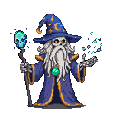 A skeleton wizard in a blue robe and pointed hat with stars and a moon, holding a staff with a glowing cyan skull and conjuring cyan magic.