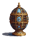 Miniature Fabergé egg resembling a library, with golden filigree, tiny colorful books, blue accents, and resting on a golden pedestal.