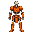 Skeletal warrior in full-body metallic orange armor, standing stoically against a black background.