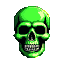 A skull with luminous green cranium and jaw, deep shadow eye sockets, metallic gray teeth, against a black background.