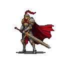 Stoic knight in gleaming silver armor with gold accents and a red cape, holding an ornate sword.