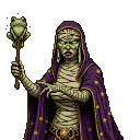 Spectral mummy mage with glowing green eyes, wearing a purple cloak with golden stars, holding a staff topped with a stylized frog.