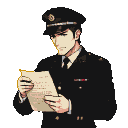 Officer in black uniform and cap looking down at a document.