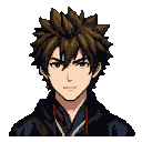 A young man with spiky dark brown hair and focused eyes, wearing a dark hooded garment with red accents.