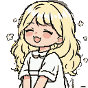 Young girl with flowing blonde hair, eyes closed in delight, smiling broadly with blush on cheeks, wearing a white dress with a ruffled collar, hands clasped, surrounded by sparkling white star motifs.