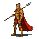 Regal warrior in golden armor and red cape, holding a spear across shoulders, wearing a golden crown.
