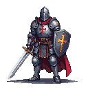 Fully armored knight with a red cape and a cross emblem on chest and shield, holding a sword and shield.