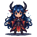Chibi Veyra, the Void Puppeteer, with dark blue hair, black horns, and a blue magical aura. She wears dark armor with a red and gold robe.