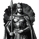 Regal warrior-king in Hellenistic armor and mantle, holding a spear vertically.