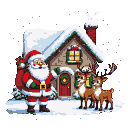 Santa Claus with a gift sack stands by a snow-covered cottage with festive lights, accompanied by two reindeer in a snowy landscape under a starry sky with falling snowflakes.