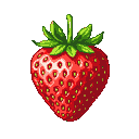 A ripe, heart-shaped strawberry with a green stem and leaves, textured with red seeds, against a black background.