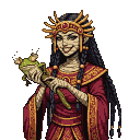 Mummy mage with golden headdress and crimson robes, holding a green frog on a wooden wand.