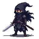 A shadowy figure in black armor and a hooded cloak, with piercing amber eyes visible through a mask, grips a glinting broadsword.