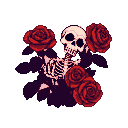 A skeletal figure rising from deep red roses.