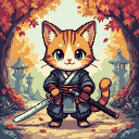 Anthropomorphic cat in a blue samurai gi with a red sash, holding two katanas. Orange tabby markings and blue eyes. Autumnal background with pixelated foliage and Japanese lanterns.