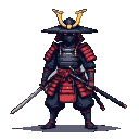Stoic samurai in crimson and charcoal armor with golden accents, piercing red eyes, and two katanas.