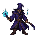 A sinister wizard in a purple cloak and pointed hat, holding two staffs, one crackling with electric blue energy, the other glowing.