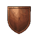 A weathered bronze kite shield with a riveted copper border against a black background.