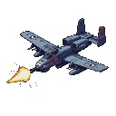 A dark gray and blue A-10 Warthog aircraft firing its main gun, with a bright muzzle flash against a black background.