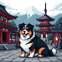 A tri-colored dog with its tongue out sits on a stone path in front of a Japanese temple complex with pagodas, backed by a snow-capped mountain.