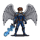 Warrior in blue and gold armor with glowing feathered wings and an electrifying blade.