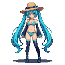 Pixelated figure in a turquoise bikini and straw hat with blue ribbon, teal twin-tails, dark blue thigh-high socks and arm warmers.