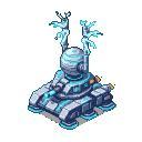 Futuristic tank with a spherical turret housing crackling Tesla coils, glowing cyan accents on its metallic chassis, and a multi-wheeled base, viewed from an isometric perspective.