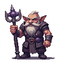 Stern dwarf with white beard and eyebrows, wearing dark armor, holding an ornate staff topped with a glowing purple crystal orb.