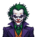 Menacing figure in a purple suit, green shirt, and orange vest with wild green hair and a sinister grin.