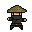 A ninja in a dark hooded tunic, golden belt, black mask, and straw hat.
