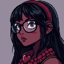 Young woman with dark curly hair, red glasses, and red headband looks to the side with a serene expression. She wears a red cropped top, small earrings, and a silver necklace with a heart pendant.