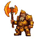 Stout dwarf warrior in gleaming golden armor, holding a large, glowing axe aloft.
