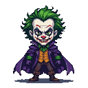 Menacing Joker figure with wild green hair, white face paint, red lips, and a sinister grin, wearing a purple cape over an orange vest and dark trousers.